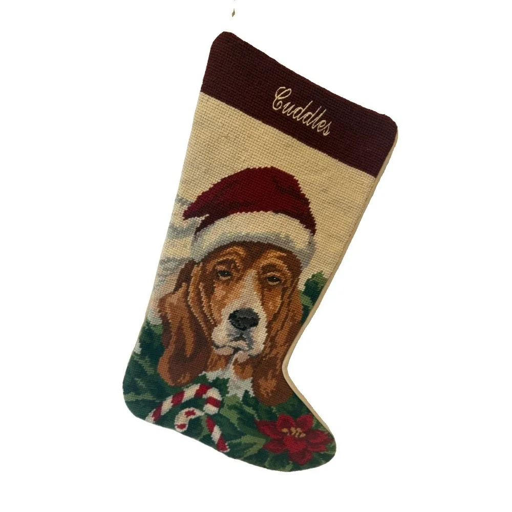 Vintage 100% Wool Needlepoint Basset Hound Dog Christmas Stocking 17